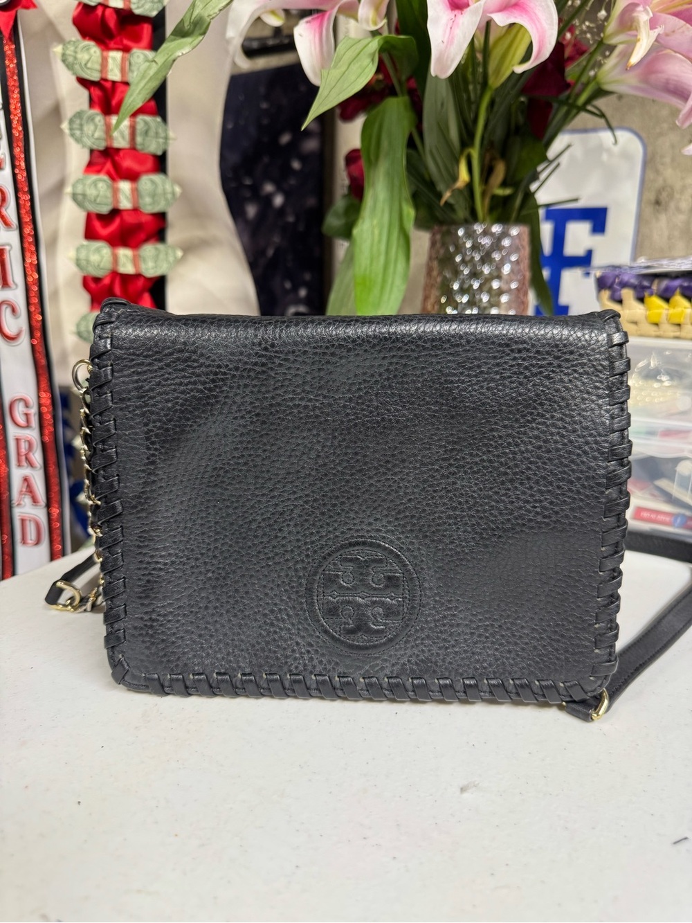 Tory Burch Black Pebbled Leather Crossbody with Whipstitch Trim
